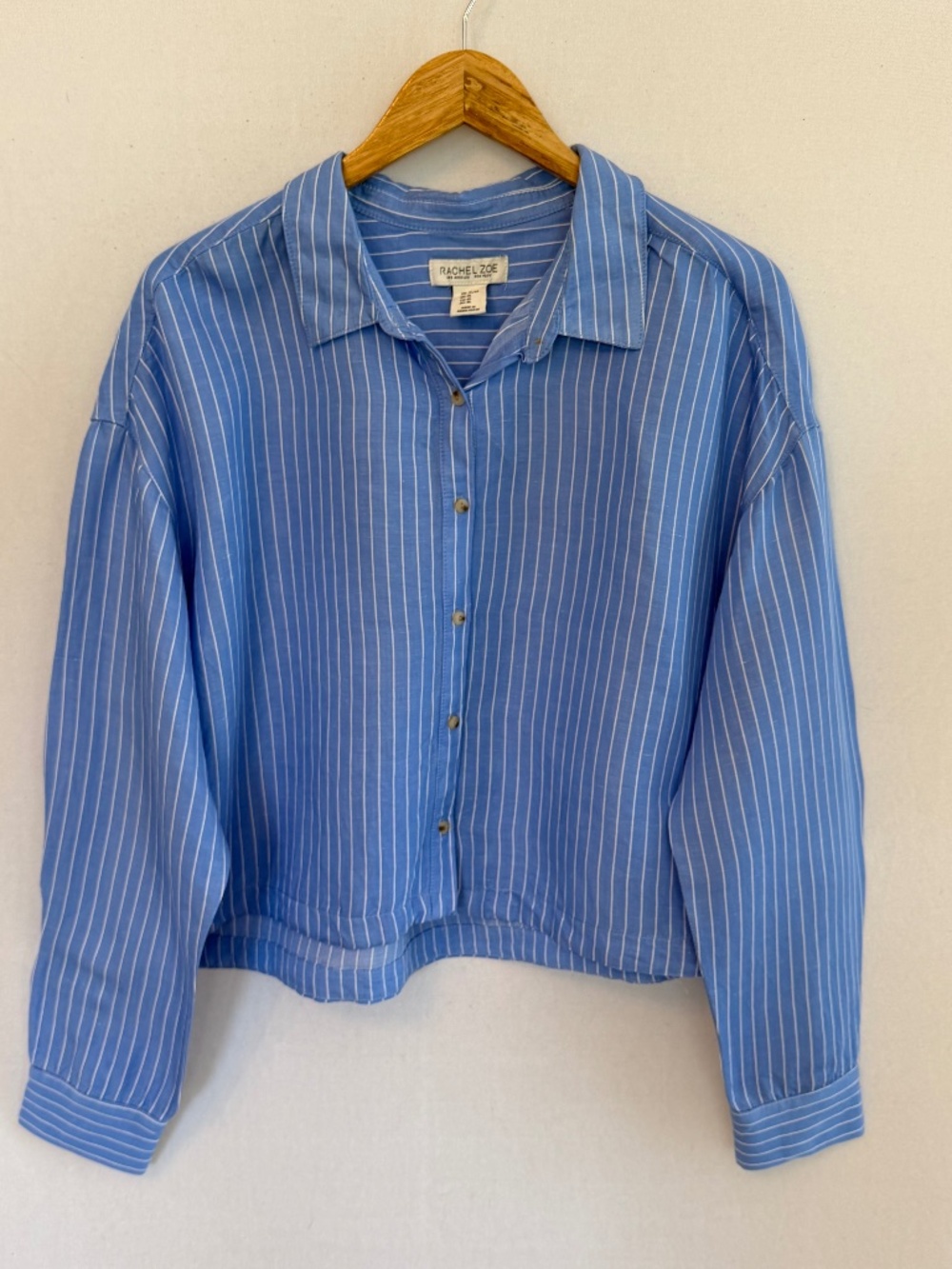 RACHEL ZOE Women’s XL Linen Blend Cropped Blue & White Stripe Button Front Shirt